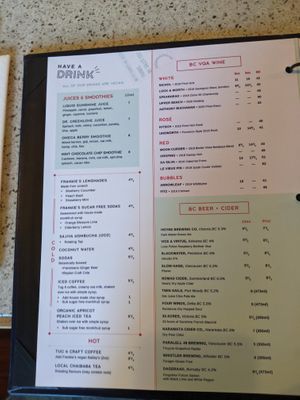 Drinks menu at Frankie We Salute You! in Kelowna