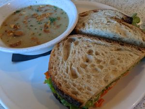 Roasted potato/leek soup and carrot-lox sandwich at Frankie We Salute You! in Kelowna