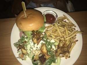 burger fries m salad at Frankie We Salute You! in Kelowna