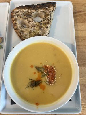 Market soup & toasted sourdough bread   at Frankie We Salute You! in Kelowna