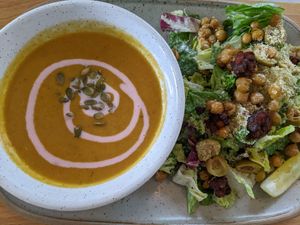Soup-of-the-day with Broccoli Caesar Salad (lunch special) at Frankie We Salute You! in Kelowna