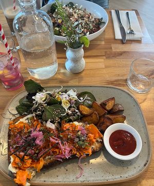 Smoked carrot “lox” on sourdough toast and a blueberry lychee lemonade.   at Frankie We Salute You! in Kelowna