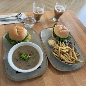 Frankie Cheeseburger with soup and fries  at Frankie We Salute You! in Kelowna