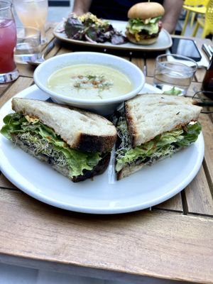 Market soup(broccoli)(very yummy… even on a 34C day)and Chef’s garden sandwich . We both had a house lemonade and they were great.. not too sweet.. just right!!  at Frankie We Salute You! in Kelowna
