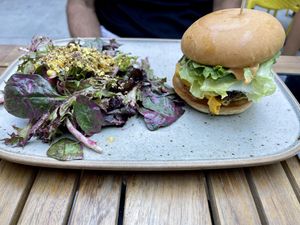 Frankie cheeseburger and blueberry pistachio spinach salad  at Frankie We Salute You! in Kelowna