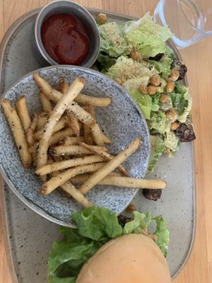 Fries and salad  at Frankie We Salute You! in Kelowna