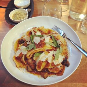 Love the pasta and vegan parmesan! at Frankie We Salute You! in Kelowna