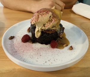 Chocolate Lava Cake with Caramel and Vanilla Ice Cream at Frankie We Salute You! in Kelowna