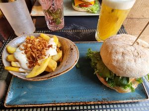 Truffle burger with "beef"patty and added vegan cheese. at Peter Pane in Rostock