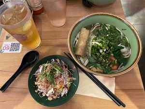 Lunch set with salad, pho and Drink (iced Lotus tea)  at NamNam - Raffles City in Central Singapore