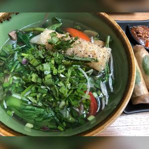 Vegetarian Pho with vegetarian roll  at NamNam - Plaza Singapura in Central Singapore
