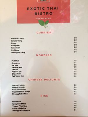 Vegan menu page one at The Thai Bistro in El Centro