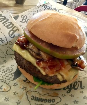 “The Duchess” with smoke sauce instead of vegan garlic aioli. Impossible burger with vegan Gouda (!) & more. at Bareburger - Ditmars in Astoria