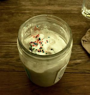 Vegan shake (in a byo glass jar). Coconut whipped cream, hemp milk, Newman O’s & chocolate. Yum! at Bareburger - Ditmars in Astoria