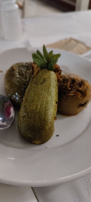 Stuffed veg, mouzaka had egg so they made us this instead at Polis Herb Garden in Paphos