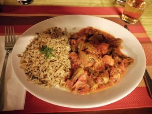 Okra in tomato and herb sauce with rice at Polis Herb Garden in Paphos