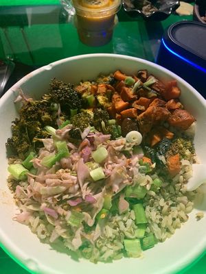 made-to-order salad with ancient grain blend, pickled cabbage and onion, roasted broccoli, sweet potato and green onion at Snack Lab in Bentonville