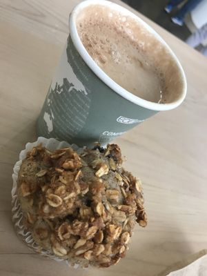 Vegan GF blueberry muffin and almond milk hot cocoa -no cane sugar ❤️ at Snack Lab in Bentonville