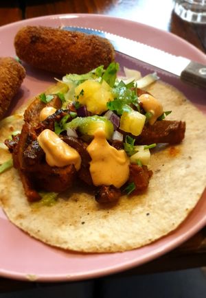 Tacos Al Pastor and croquettes at Vegan Junkies in Lisbon