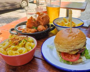 Mac and cheese, Couliflower nuggets and Beyond meat burger! at Vegan Junkies in Lisbon