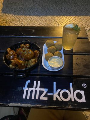 Cheese balls and bbq wings and lemonade  at Vegan Junkies in Lisbon
