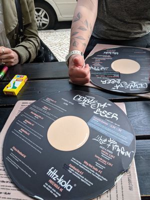 Menus on vinyl records  at Vegan Junkies in Lisbon