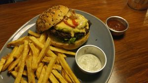 Mathematics burger w/ BBQ sauce on side at Vegan Junkies in Lisbon