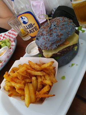 Burger with fries at Vegan Junkies in Lisbon