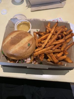 BBQ burger and sweet potato fries 😊 at MTHR Vegan in New York City