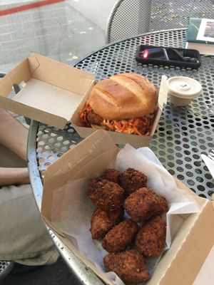 Buffalo tofu burger and chick’n nuggets  at MTHR Vegan in New York City