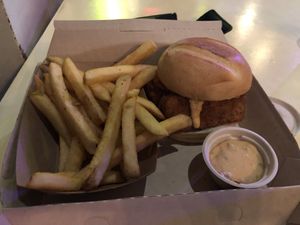 Chicken fried tofu burger with fries  at MTHR Vegan in New York City