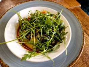 Vegan Meat(less) Balls in Tomato Sauce with Vegan Cheese at Royal Hotel in Ross-on-wye