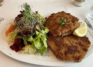 Vegan Cordon bleu with mixed salad  at Bahnhof in Kallnach