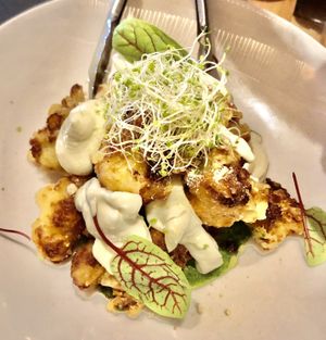 Fried cauliflower + kimchi  at Yulli's in Surry Hills