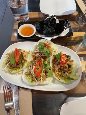 Edamame and coconut moneybags (gluten free) and san choy bow  at Yulli's in Surry Hills