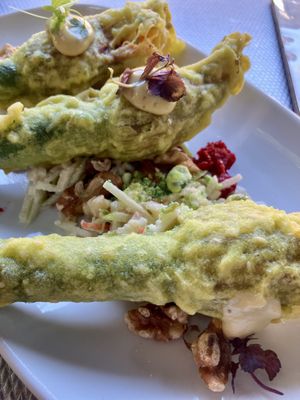 Zucchini flowers with beetroot and cheese filling  at Yulli's in Surry Hills