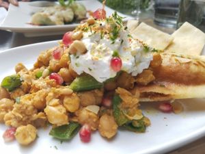 vegan chickpea and pita dish at Yulli's in Surry Hills