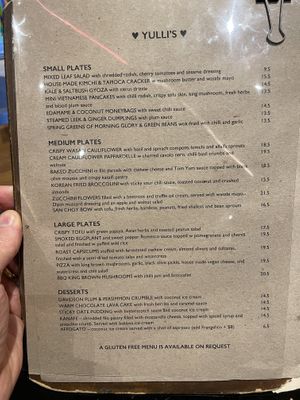 Menu  at Yulli's in Surry Hills