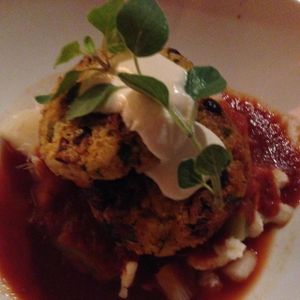 Quinoa fritters with ratatouille. at Yulli's in Surry Hills