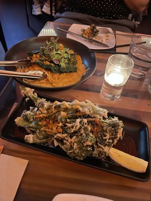 Pasta carbonara and fried broccolini   at Yulli's in Surry Hills