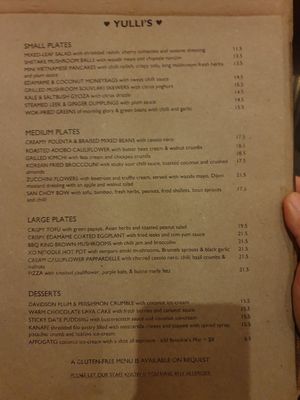 Menu Sept 2024 at Yulli's in Surry Hills