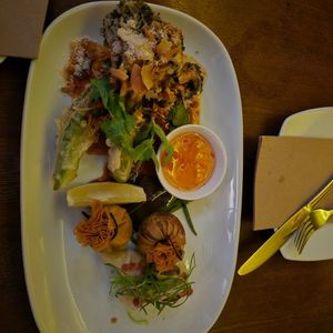 Ginger & leek dumplings, coconut & edamame money bags and Korean brocolini #Veganuary at Yulli's in Surry Hills