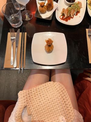 Spread with money bags and ginger dumps   at Yulli's in Surry Hills