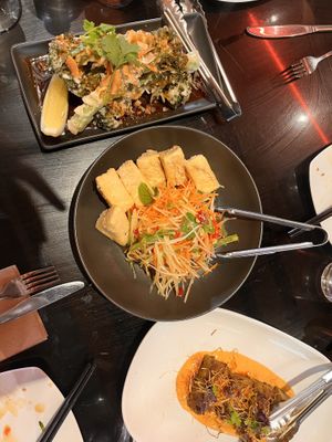 Spread with broccolini, crispy tofu and eggplant   at Yulli's in Surry Hills