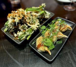 Korean Fried Broccolini and Kale Gyoza  at Yulli's in Surry Hills