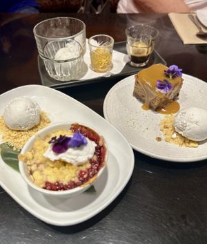 Rhubarb crumble and sticky date puddingg  at Yulli's in Surry Hills