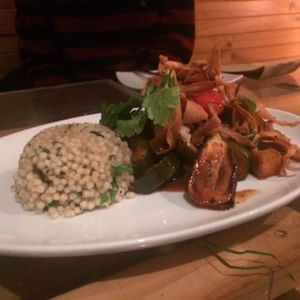 Winter Veg & Parsnip chips w/ Israeli Cous Cous at Yulli's in Surry Hills