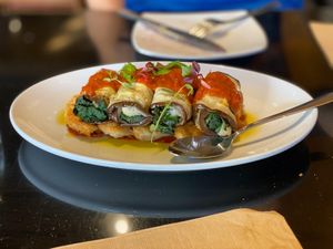 Eggplant, spinach, filo pastry  at Yulli's in Surry Hills