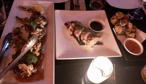 Money bags, dumplings + deep fried broccoli  at Yulli's in Surry Hills