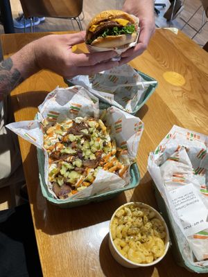 Beef burger in back, shovel fries in middle and Mac and cheese bottom right.   at Burger Patch in Sacramento